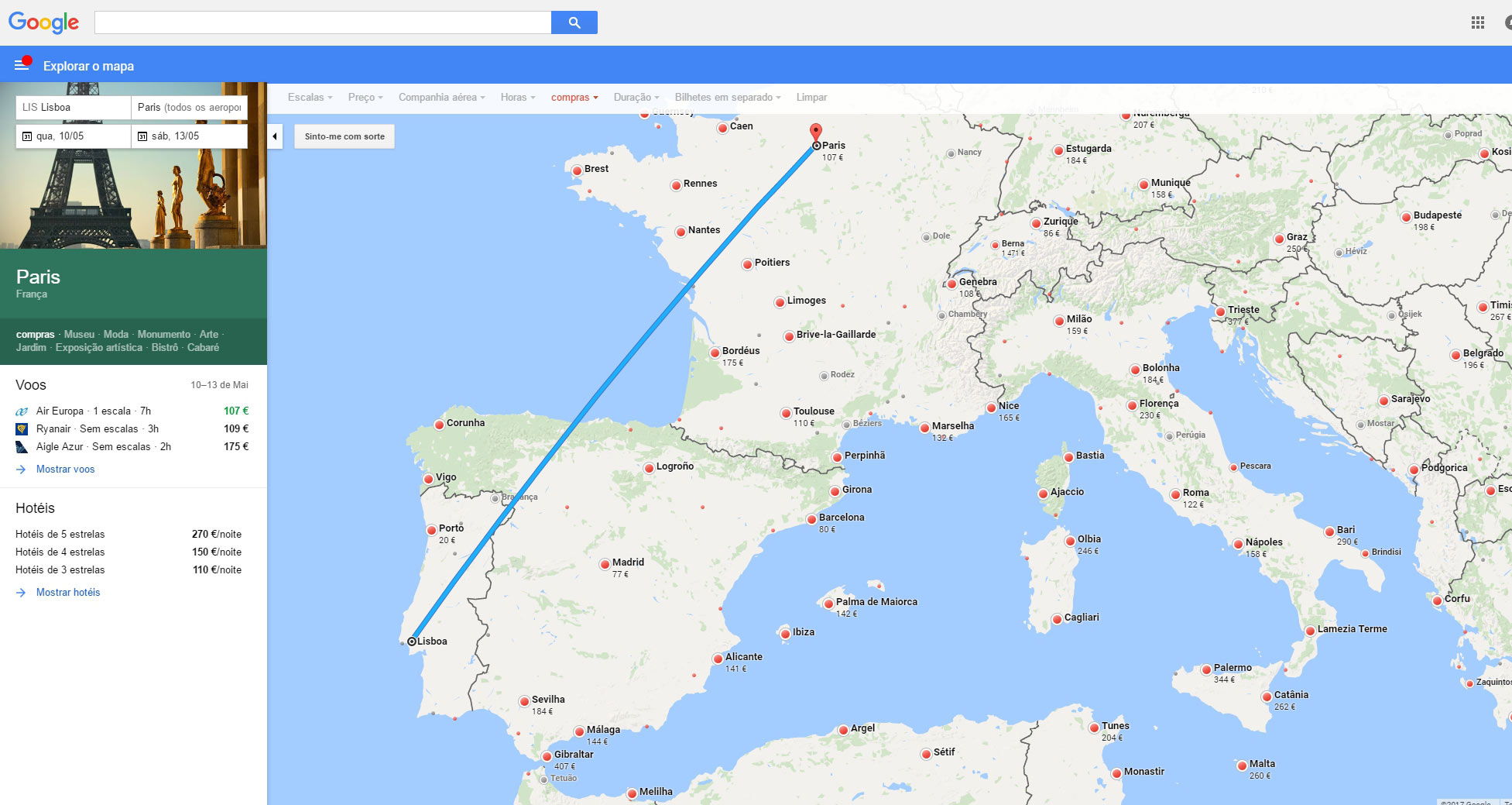 Reservar voo no mapa Google Voos